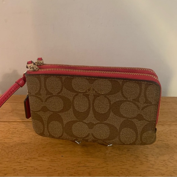 COACH Signature Leather Canvas Double Zip Wristlet F66506 Khaki Bright P… - Picture 3 of 14